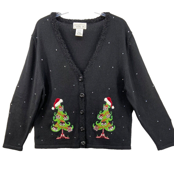 Mandal Bay Cardigan Womens Sz XL Christmas Holiday Trees Beads Santa Hat Black - Picture 1 of 9